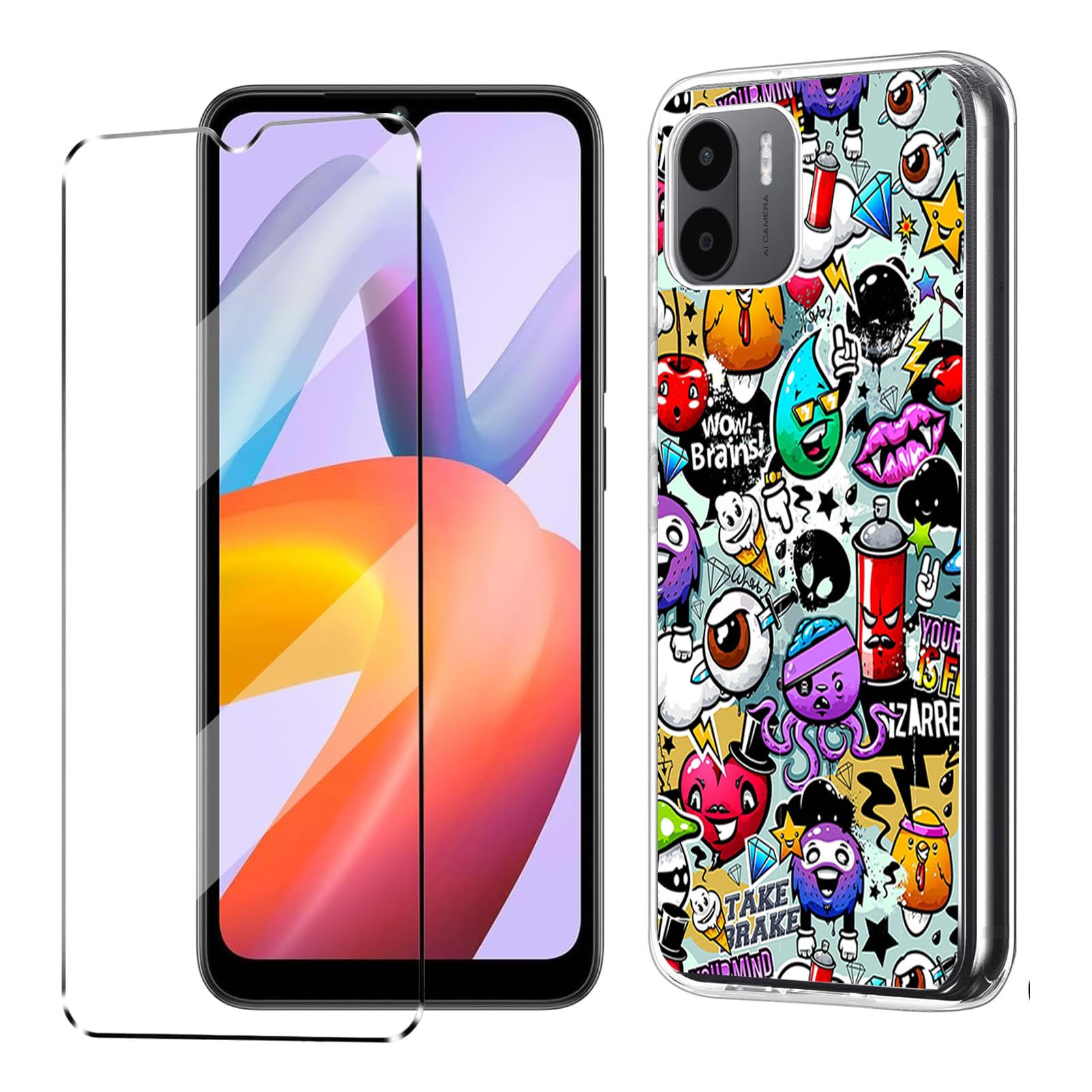 [2 in 1] Case Compatible with Redmi A2 Cover with 1 Pack Tempered Glass Screen Protector for Redmi A2, Slim Fit Soft TPU Shockproof Anti-Scratch Phone Case Cover - scrawl Multicolor