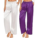 Ekouaer 2 Pack Womens Satin Pajama Pants Silk Sleep Lounge Pants Loose Pj Bottom with Pockets
