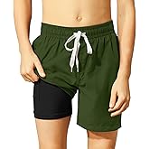 Belovecol Boys Swim Trunks with Compression Liner Solid Color Bathing Suits Summer Quick Dry Swimwear Swim Shorts 6-20T