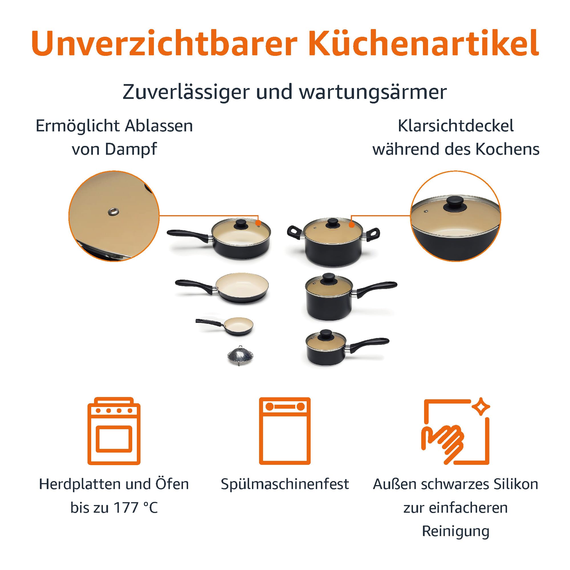 Amazon Basics 11-teiliges Kochgeschirr-Set mit Töpfen und Pfannen aus Keramik, antihaftbeschichtet, Schwarz/Creme 3
