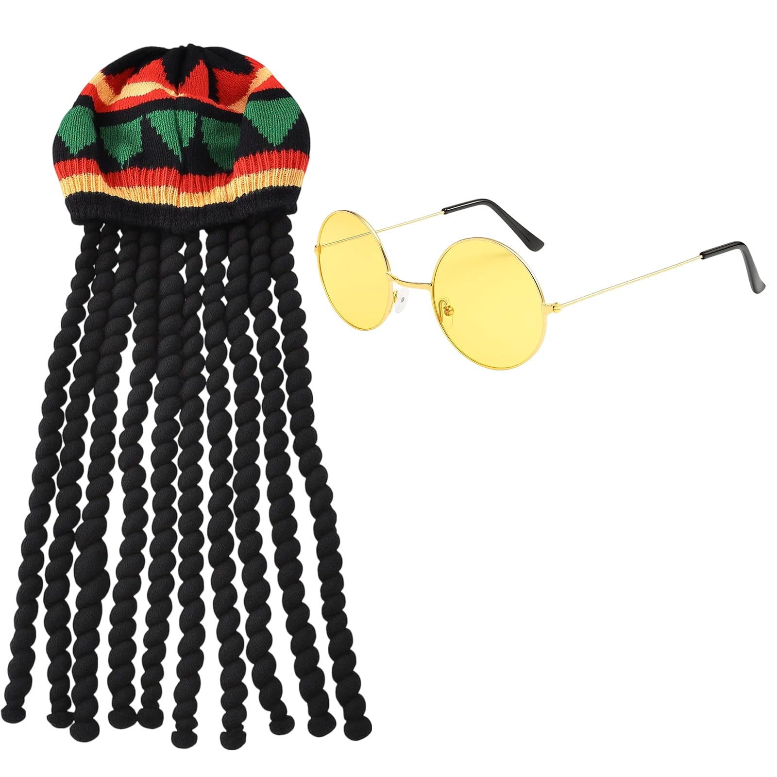 SrgPui Rasta Hat with Yellow Glasses, Dreadlock Wig and Funny Hat Set for Cosplay, Caribbean Fancy Dress Black Dreadlocks Wig Rasta Ha, Themed Parties and Carnival