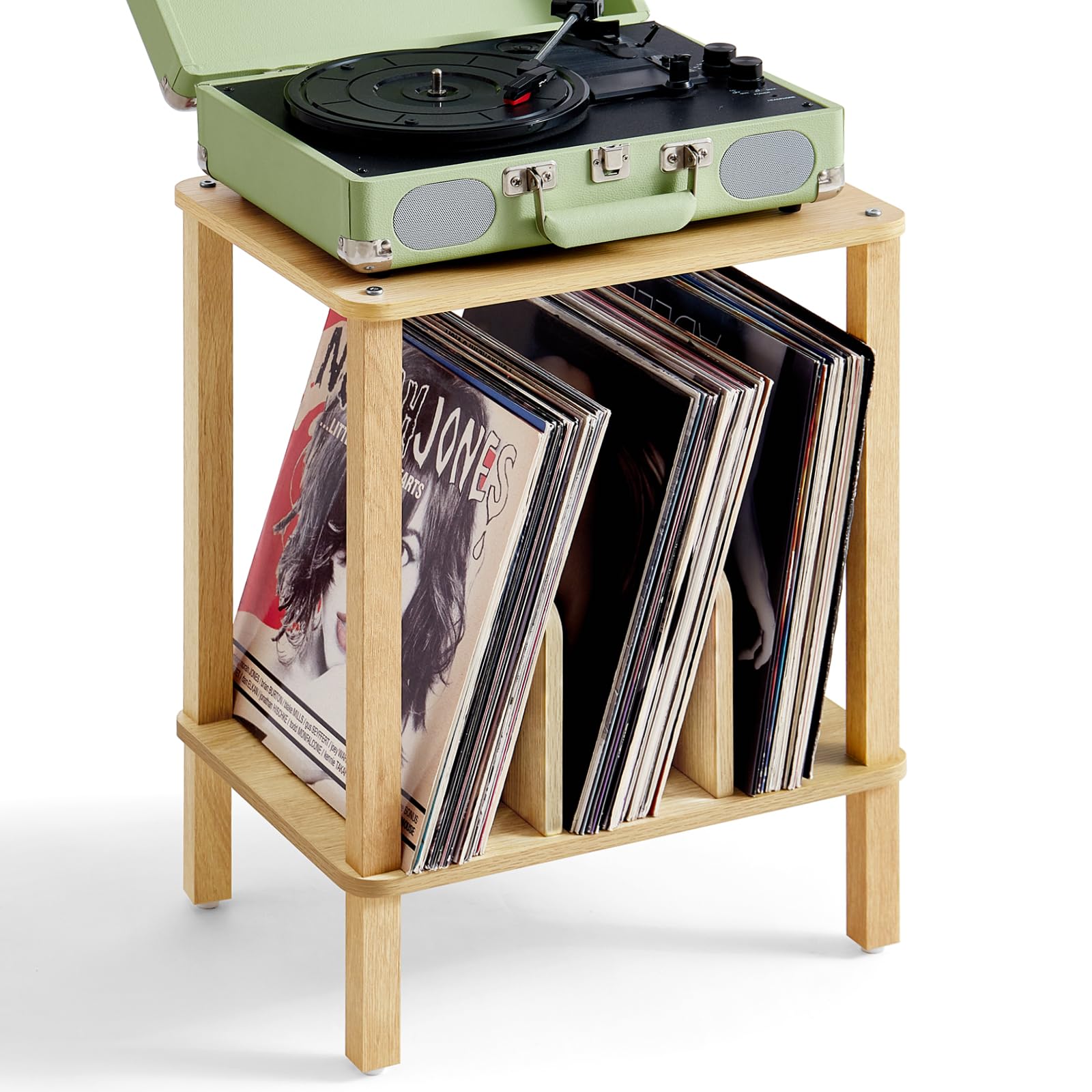 Photo 1 of LELELINKY 2-Tier Bamboo Record Player Stand with Vinyl Record Storage up to 100 Albums, Boho Bedroom Record Holder and Multi-Functional End Table for Living Room, Natural