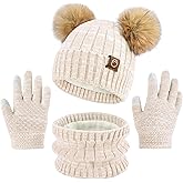 ZOORON Kids Winter Hat Gloves Scarf Set Girls, Children Beanies Hats with Pom Pom Warm Fleece Lining Beanie For Girls Boys