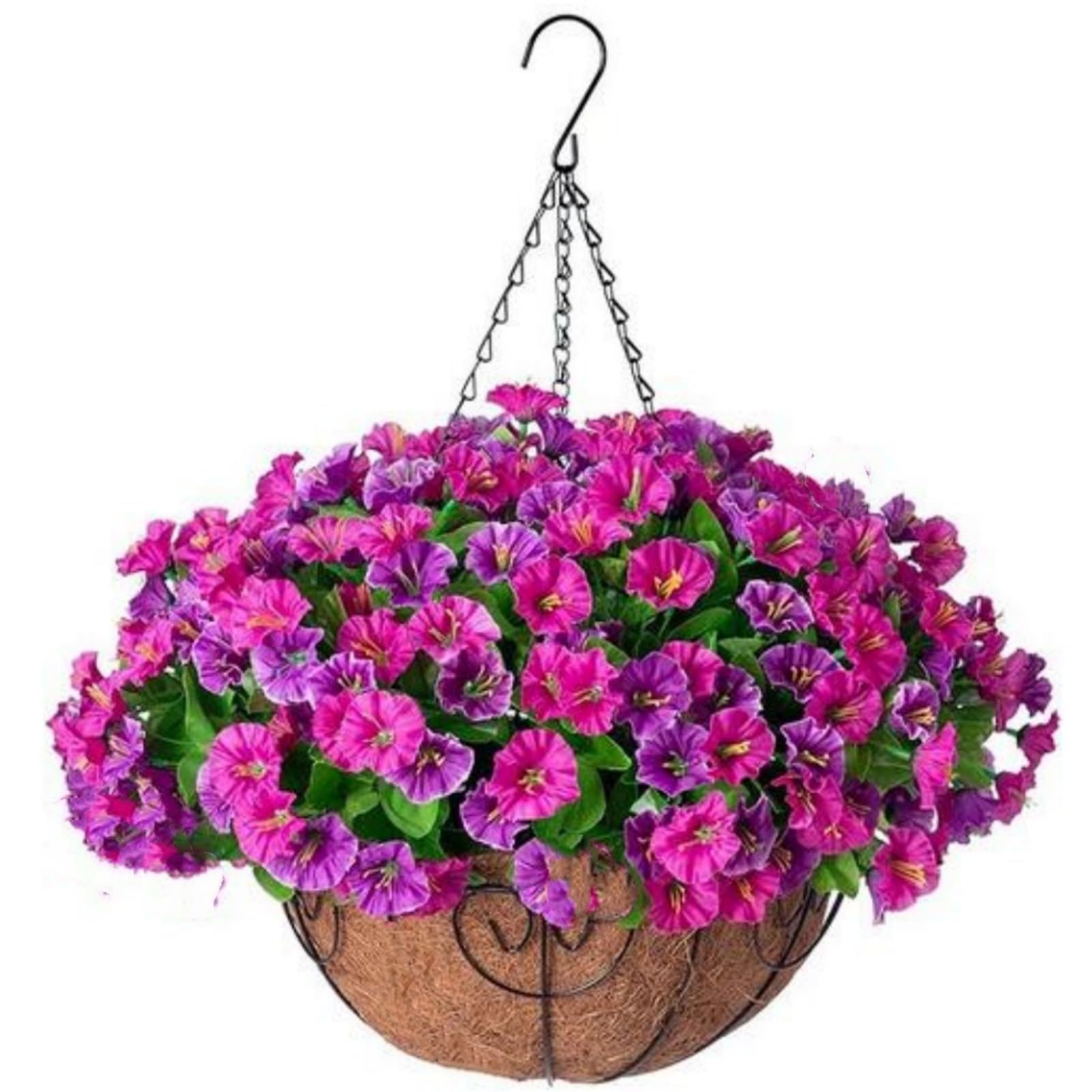 OUKEYI Artificial Hanging Flowers in Basket, Faux Silk Petunias Flower Arrangement,Coconut Lining Planter with Morning Glories Plants Patio Garden Porch Deck Spring Decor Purple