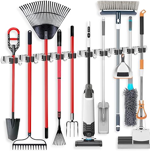 Garage Storage - IMILLET 2 Pack Wall Mount Broom Holder Stainless Steel 5 Racks with 4 Hooks Broom Organizer Self Adhesive Heavy Duty Laundry Room, Garage Organization Storage