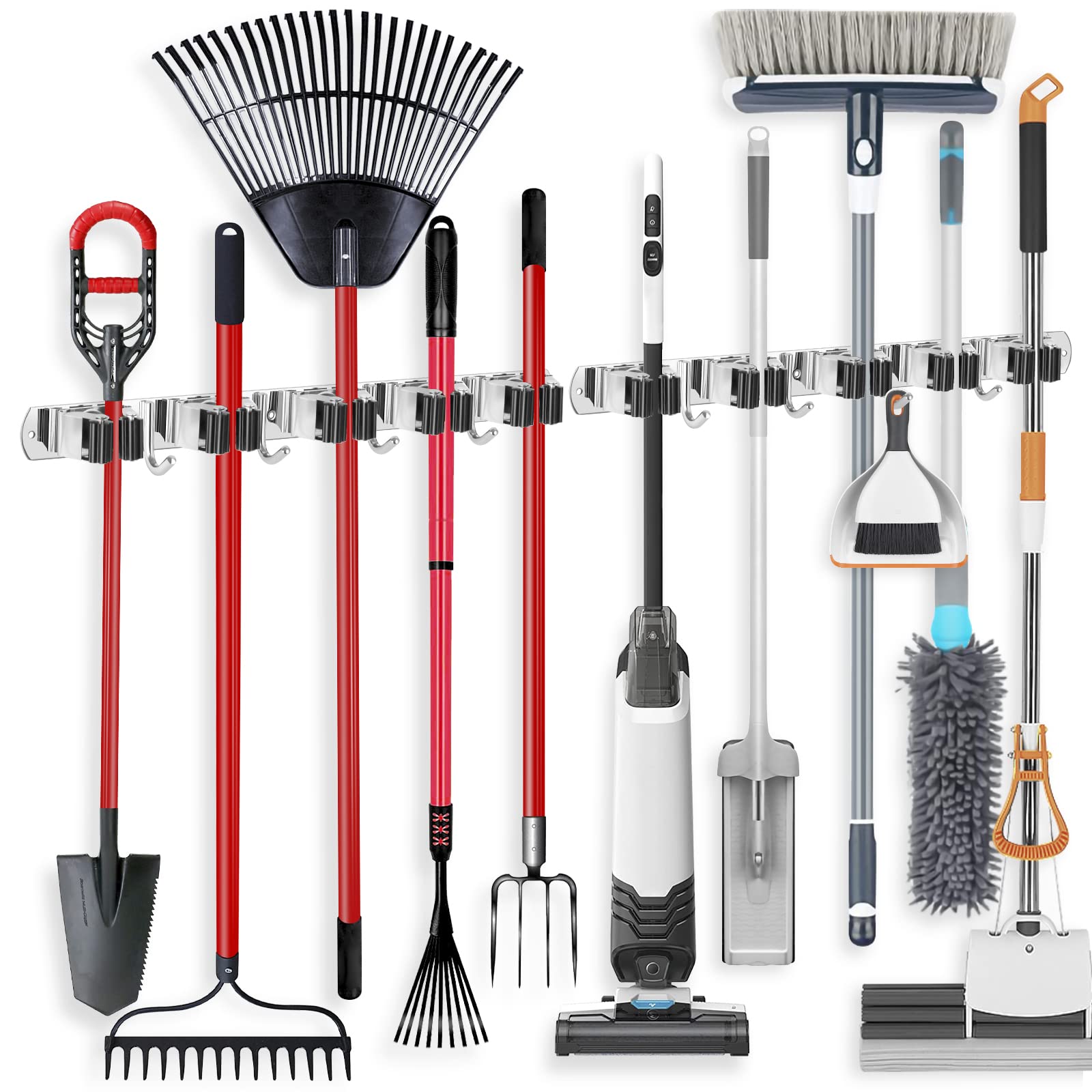 Photo 1 of **FOR PARTS / MISSING PIECES*** IMILLET 2 Pack Wall Mount Broom Holder Stainless Steel 5 Racks with 4 Hooks Broom Organizer Self Adhesive Heavy Duty Laundry Room, Garage Organization Storage