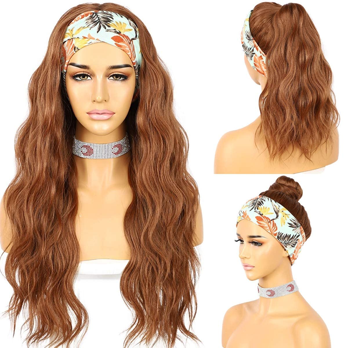 Sapphirewigs Body Wave Headband Wig Synthetic Long Wavy Brown Wigs for Women Glueless Hair Natural Looking 150% Density 26 inch