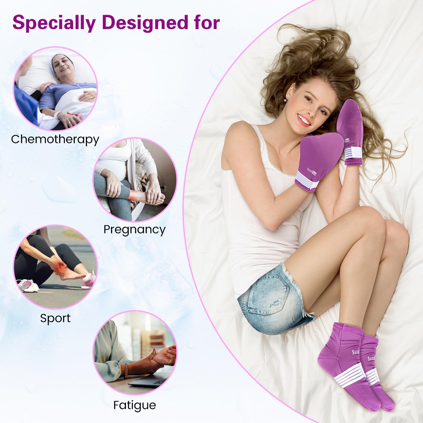 SuzziPad Cold Socks & Hand Ice Pack, Cooling Gloves for Chemotherapy, Chemo Care Package for Women and Men, S/M, Purple