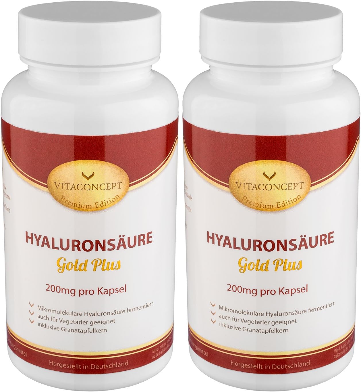 Value Pack 2x Hyaluronic Acid Gold Plus – 200 mg per Capsule – 200 capsules Fermented & Molecular – suitable for vegetarians * * Joints, Skin – Anti Aging – Pharmaceutical Quality Made in Germany by Vitacon CEPT