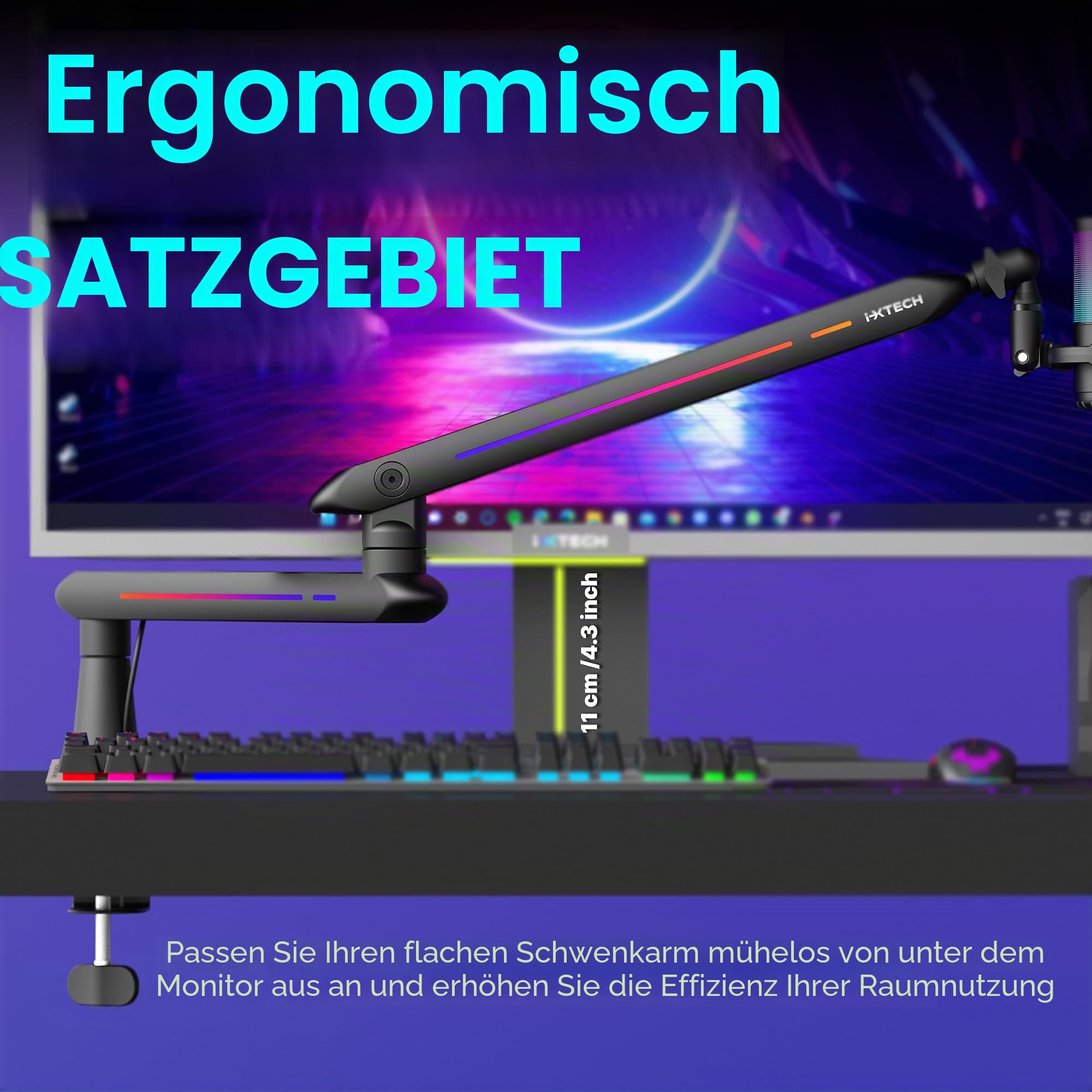 IXTECH RGB Low Profile Galgenarm für Mikrofon, verstellbarer Mikrofonarmständer mit Tischhalterungsklemme, drehbarer Mikrofonarm Mikrofonständer mit Kabelmanagement für Podcast-Streaming, 5
