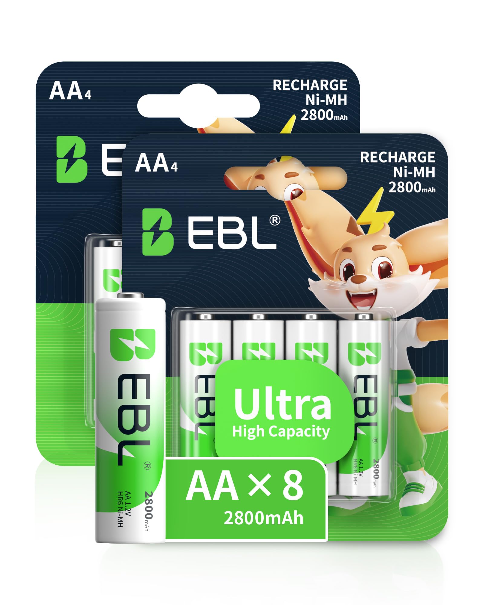 EBL AA Rechargeable Batteries (Retail Package), 1.2V 2800mAh AA Battery, 8 Counts
