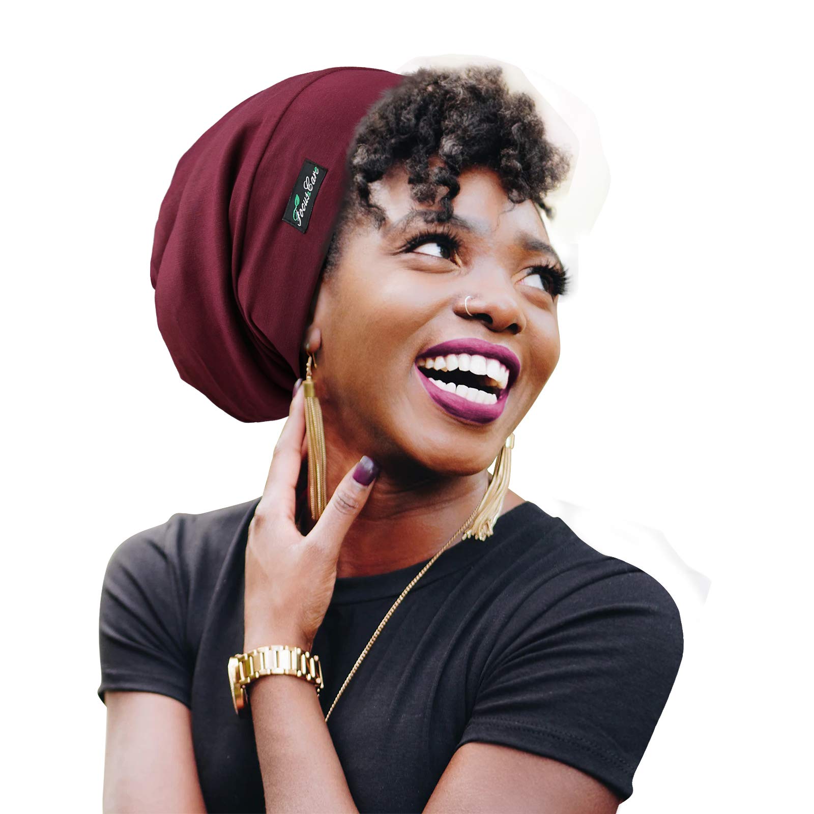 FocusCare Satin Lined Sleep Slouchy Cap Curly Girl Slap Headwear Gifts for Frizzy Hair Women, Medium Burgundy, One Size