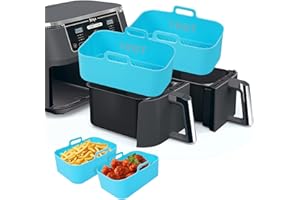 MOOMANGOO Air Fryer Silicone Liners-2Pcs for Ninja Dual Dz401 Dualzone,Air Fryer Silicone Pot Reusable Silicone Air Fryer Liners Non Stick Air Fryer Basket Accessories Replacement Baking Tray (DZ401-Blue-2PCS)