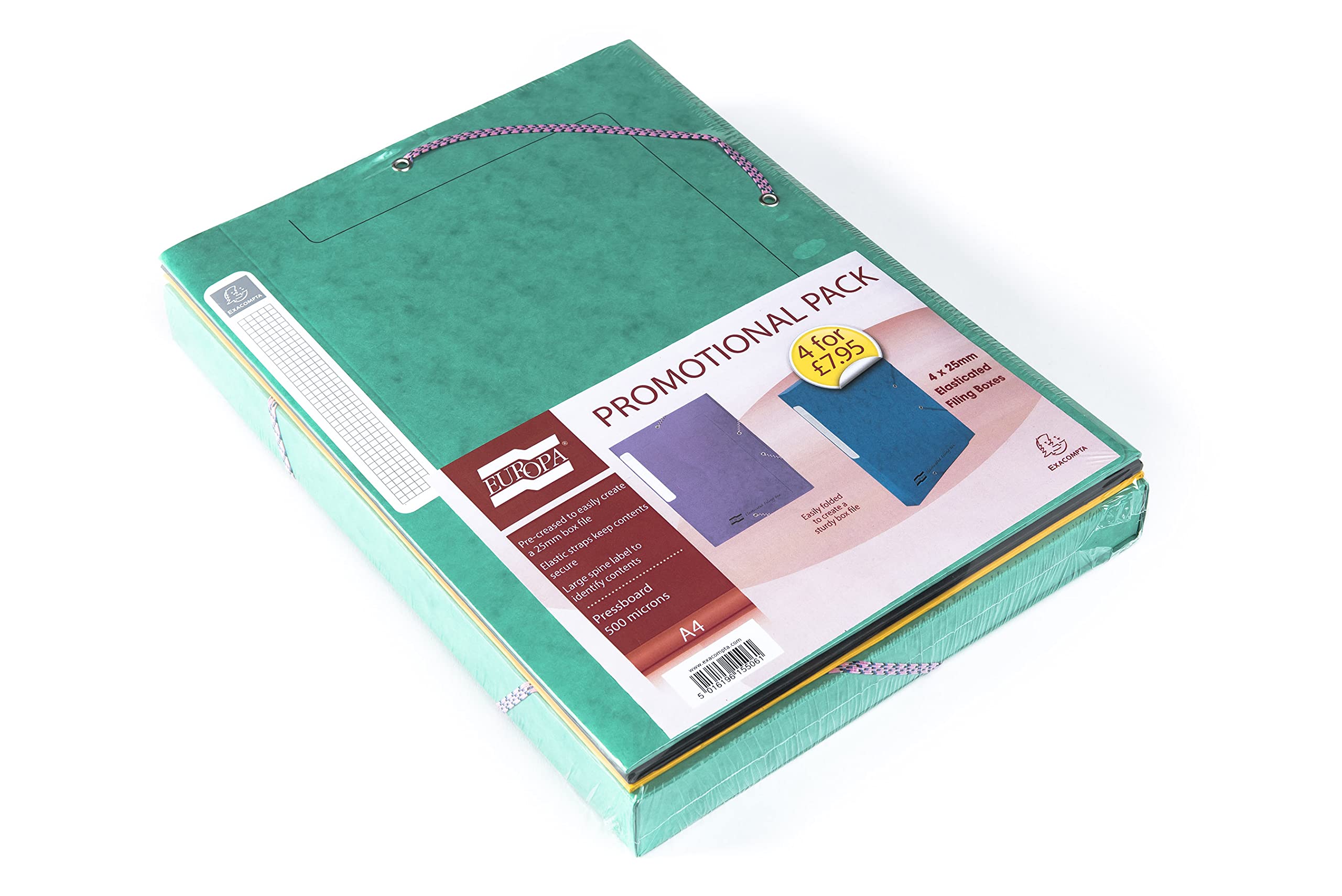 Exacompta 5210SZ Europa Elasticated Filing Boxes, 25mm - Assorted Colours, Pack 4