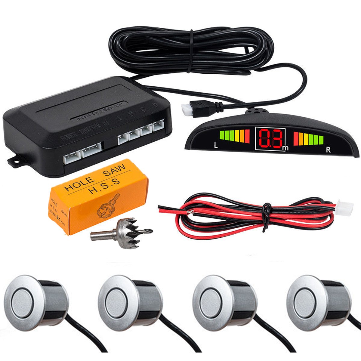 MASO Rear Parking Sensor Kit Silver LED Display Parking Assistants Double CPU Security Reversing Parking Radar Sensor Car Vehicle with 4 Sensors Alarm Buzzer Reminder Safe Driving