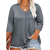 Tankaneo Women Plus Size Tops V Neck 3/4 Sleeve Casual T Shirts Loose Basic Tunic Tees