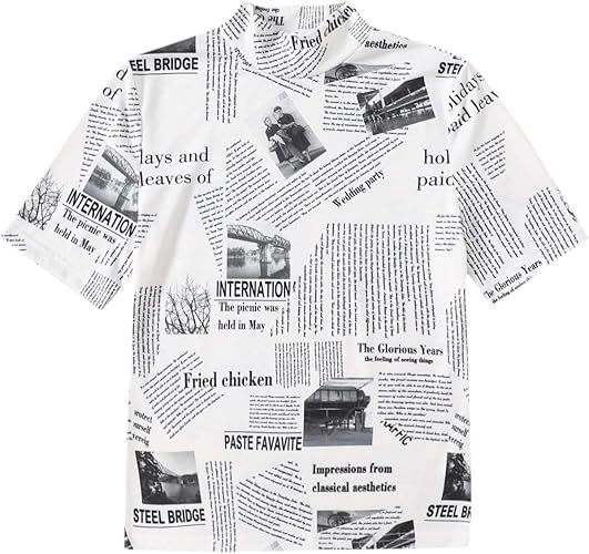 WDIRARA Women's Newspaper Print Mock Neck Short Sleeve Slim Fit T Shirt