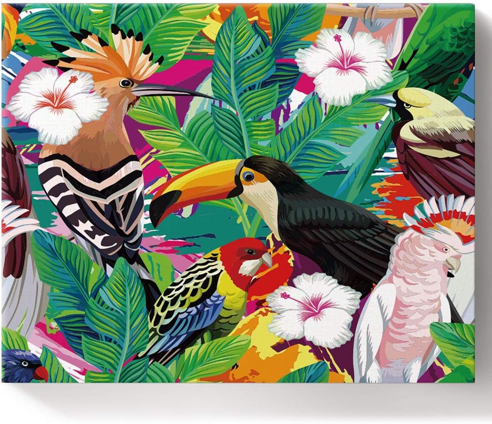 KAROLA Paint by Numbers for Adult, DIY Paint by Number Kits for Kids Canvas Painting for Home Wall Decor,Tropical Animal Seabird Hibiscus Parrot (16X20in)