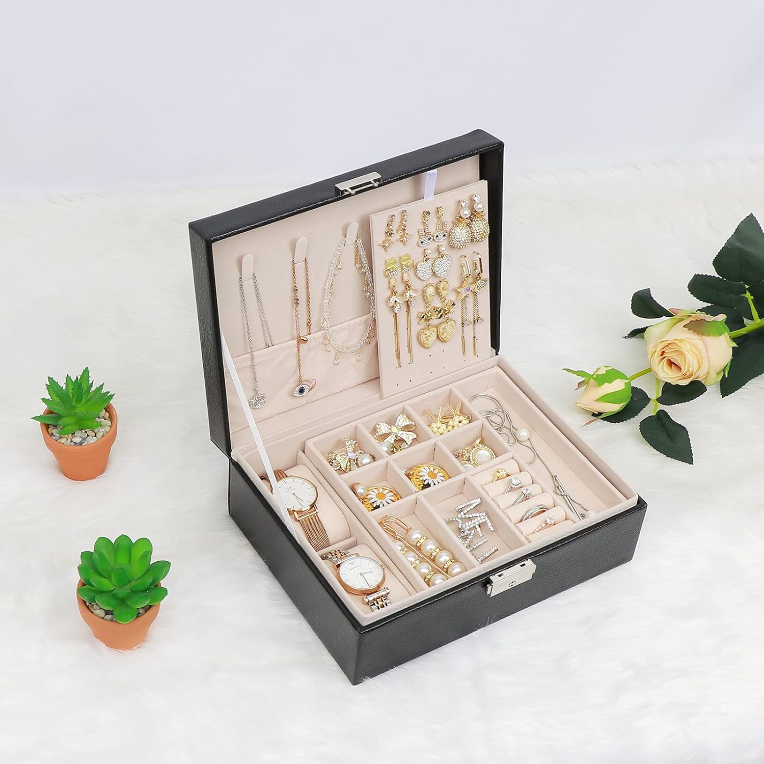 AerWo Jewelry Box for Women, 2 Layer Jewelry Holder PU Leather Jewelry Boxes & Organizers, with Lock and Removable Tray, Jewelry Cases for Storage and Display Rings Necklace Earrings Bracelets Watch: Home Improvement