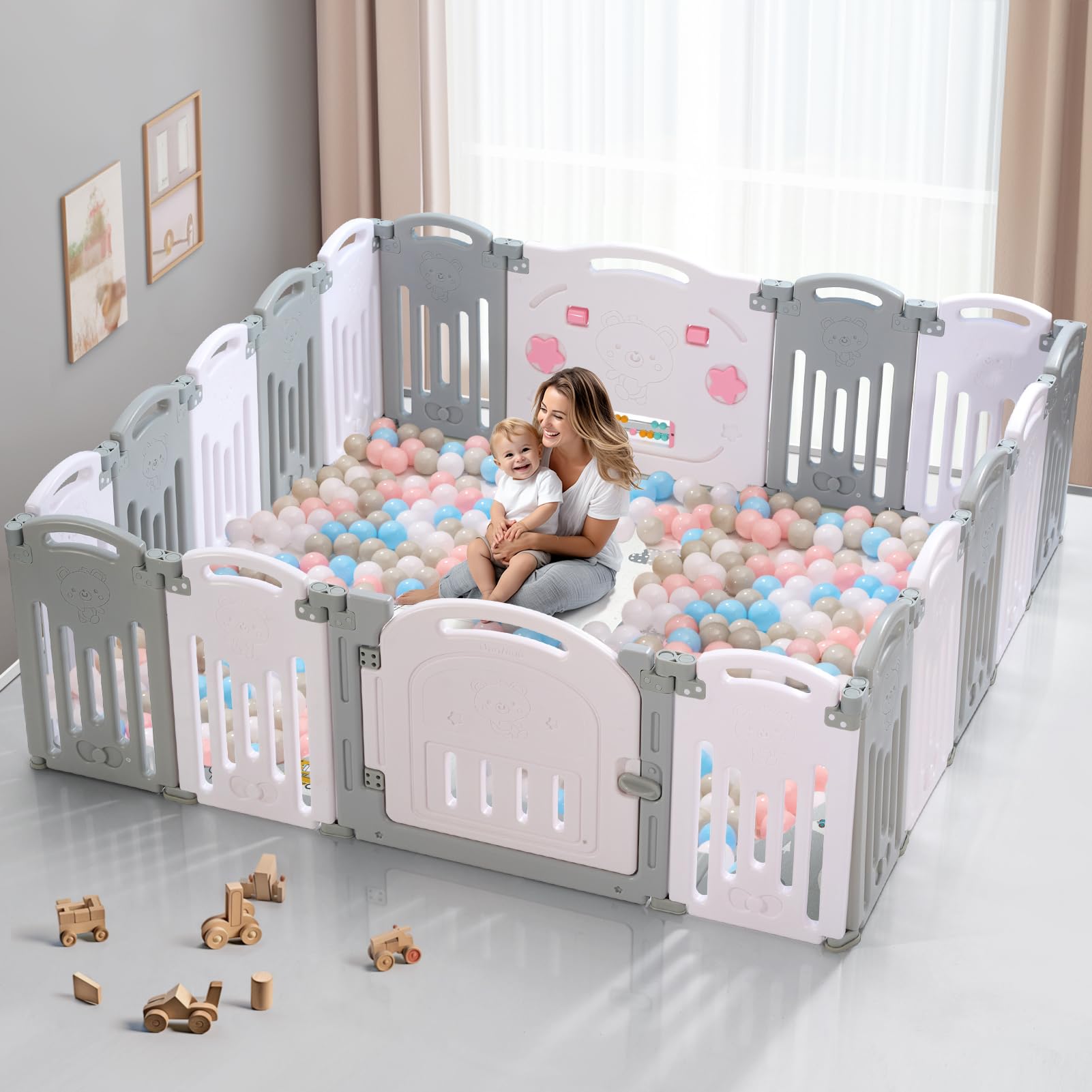 Uanlauo Baby Playpen, 18 Panel Foldable Play Yard for Toddlers, Easy Assemble Safety Baby Fence (Grey+White)