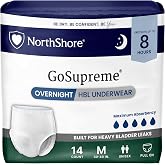 NorthShore GoSupreme 8-Hour Overnight Underwear, White, Medium, 14 Count | Pull-Up Style Incontinence Underwear for Men, Women &amp; Teens, Overnight Heavy Bladder Leaks (HBL), Fits Waists 30-40 inches