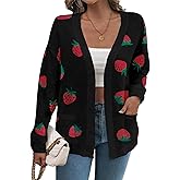 Women's Strawberry Cardigan Sweater Printed Long Sleeve Open Front Knit Cardigans with Pockets