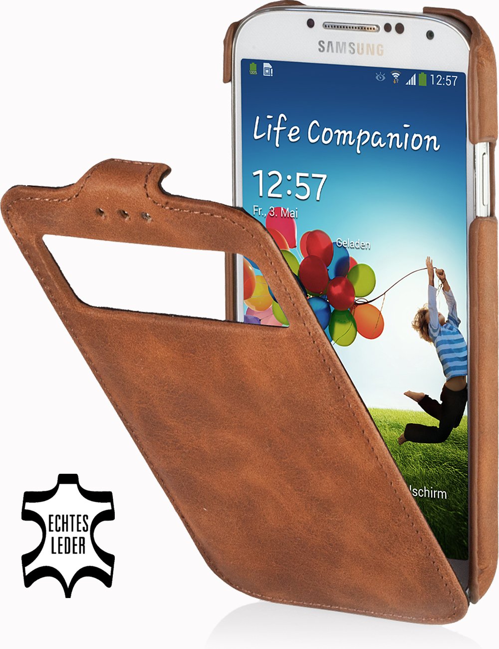 StilGut Vertical Leather Case Compatible with Samsung Galaxy S4, Cover with Viewing Window, Cognac Vintage
