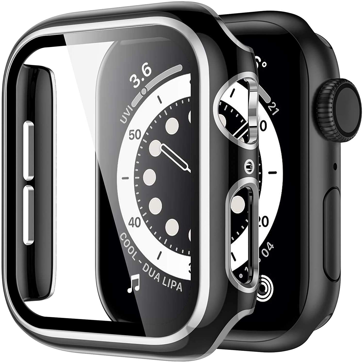 Miimall Compatible with Apple Watch Series 6/5/4/SE 44mm Case with Tempered Glass Screen Protector, PC Plating Edge All-around Scratch-resistant Protective Case for iWatch 44mm (Black and Silver)