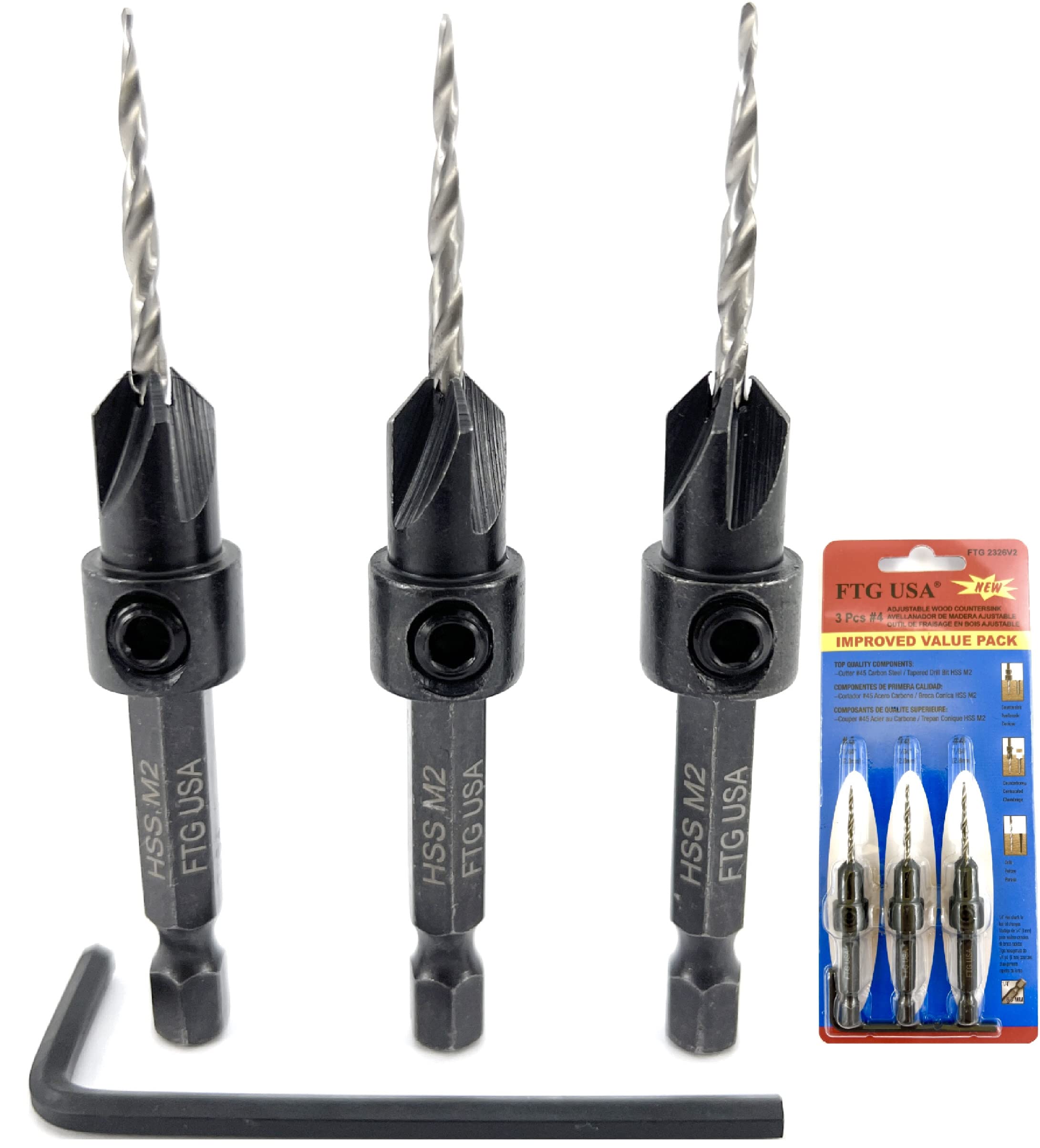 FTG USA Adjustable Wood Countersink Drill Bit Set 3 Pc #4 (7/64"") with Tapered Drill Bits