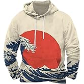 Mens Animal Print Graphic Hoodies Casual Long Sleeve Japanese Art Style Hooded Sweatshirt Lightweight Pullover Tops