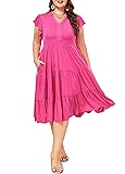 Moon Wood Womens Plus Size V Neck Ruffle Midi Dress