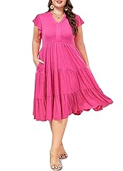 Moon Wood Womens Plus Size V Neck Ruffle Midi Dress