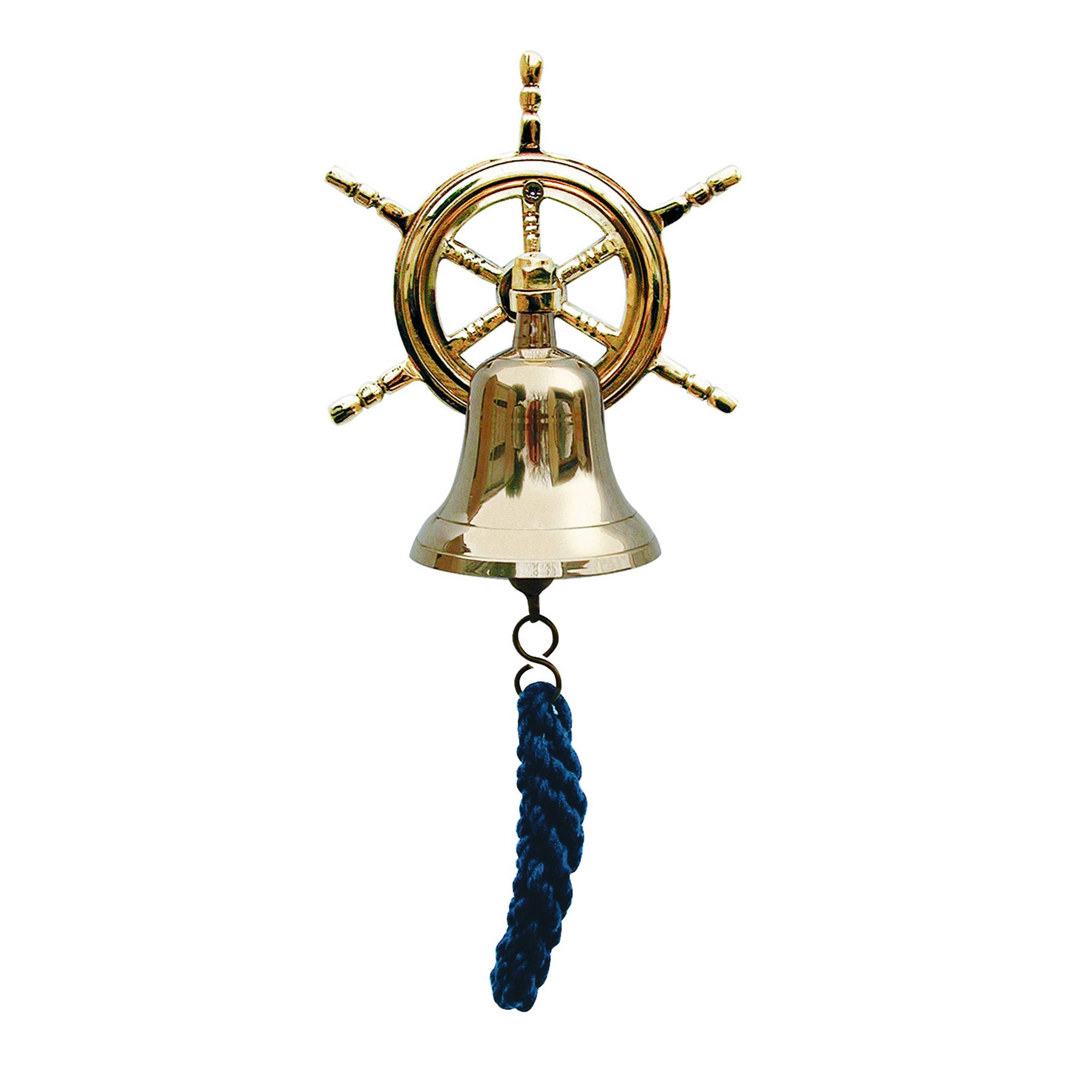 NKlaus Nautical Bell with Steering Wheel Wall Mount Brass 7.5cm - Maritime Wall Bell 16057
