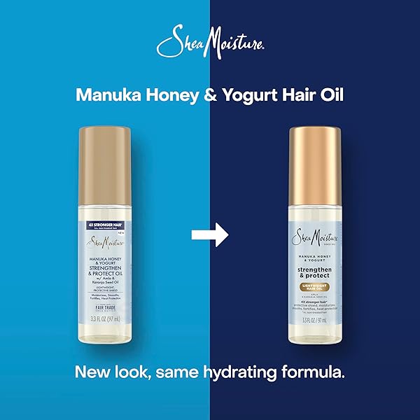 SHEAMOISTURE STRENGTHEN & PROTECT HAIR OIL MANUKA HONEY & YOGURT REDUCES HEAT DAMAGE AND PROTECTS HAIR WITH AN AMLA OIL AND MANUKA HONEY INFUSED LIGHTWEIGHT FORMULA 3.3FL OZ