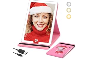 SUUPVAOR Travel Makeup Mirror with Lights, Cute Snowman Pattern LED Lighted Vanity Mirror with PU Leather Case, 3-Color Light Modes Dimming Light Up Mirror