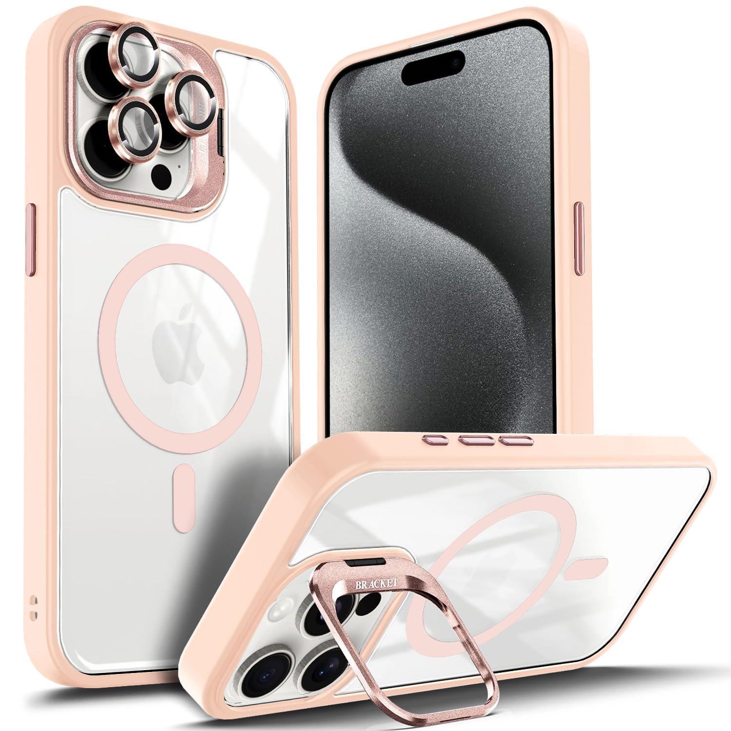 YZB Designed for iPhone 12 Pro-Max Case, Pink | Magnetic Compatible with MagSafe | Built-in Stand & Camera Lens Protector | Anti-Yellowing & Scratch-Resistant Crystal Clear Back Cover