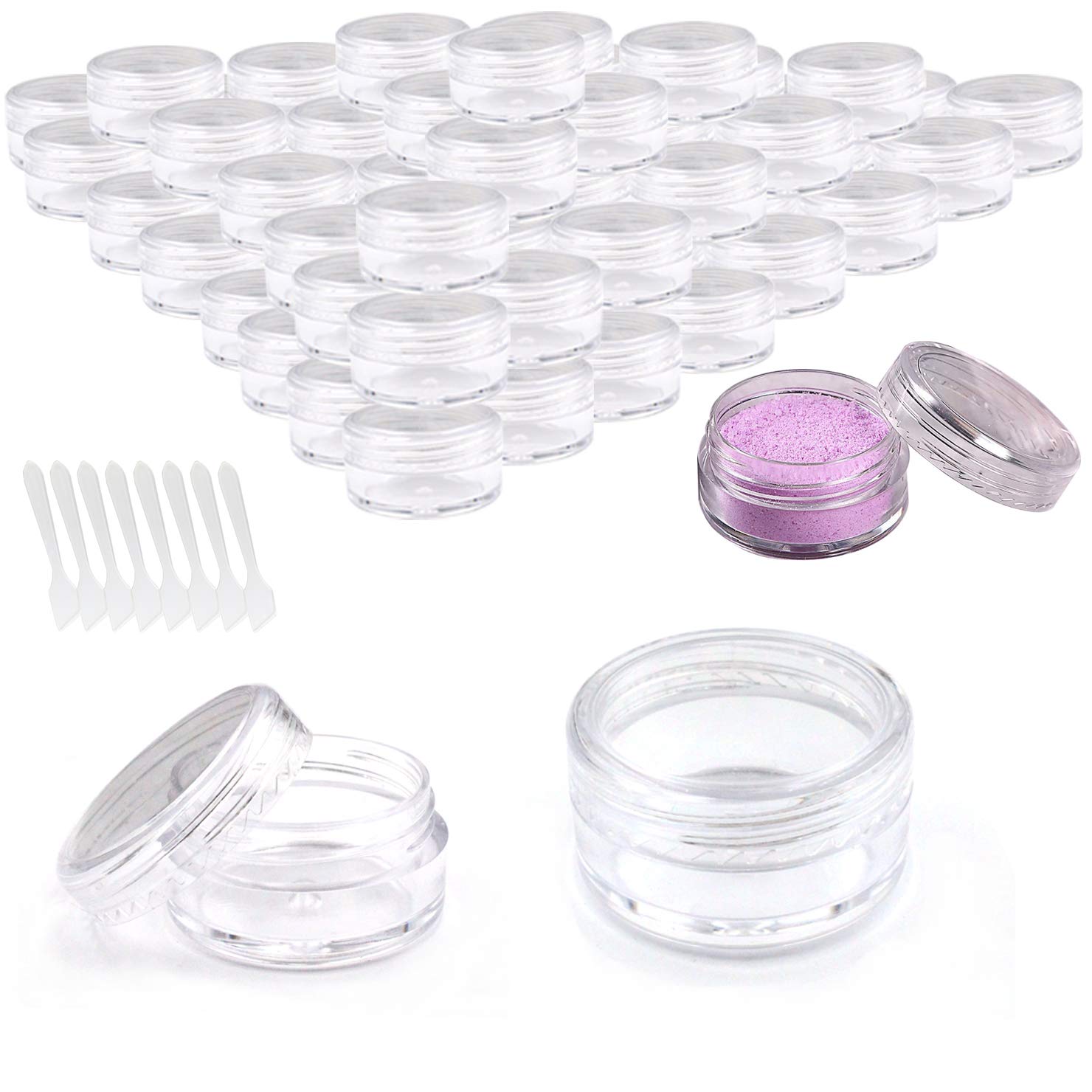 BITEFU 80 x 5 g 5 ml Empty Clear Plastic Empty Cosmetic Storage Box Cream Pot with Mini Spatula Jar, as Picture, as Picture, As Picture, as picture
