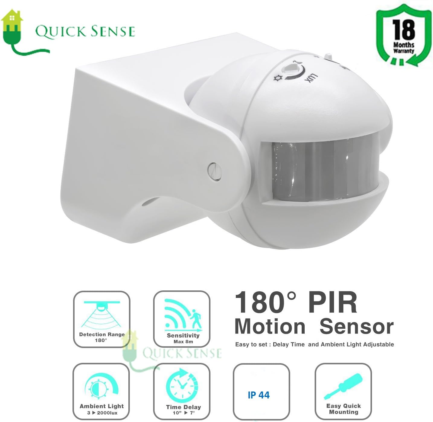 Quick Sense (Qs-09): 180` 220V LUX Time Adjustment, Wall-Mount PIR Motion Switch with Light Energy Saving Automatic Sensor, White
