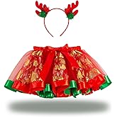 Hifot Christmas Tree Tutu Skirt and Reindeer Antlers Headband Halloween Christmas Costume Party Dress Up Outfit for Age 3-12