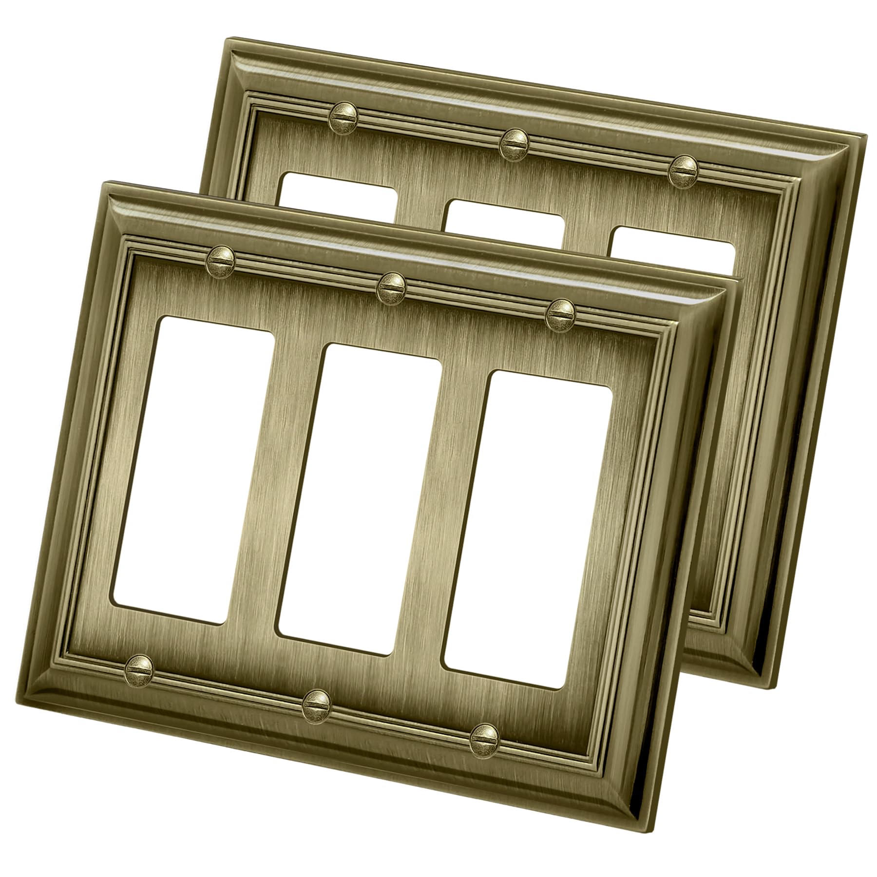 Photo 1 of [2 Pack] BESTTEN Grand Collection 3 Gang Zinc Alloy Aged Brass Metal Decorator Wall Plate, Decor Antique Brass Outlet Cover for Switch or Receptacle, Durable Corrosion Resistant