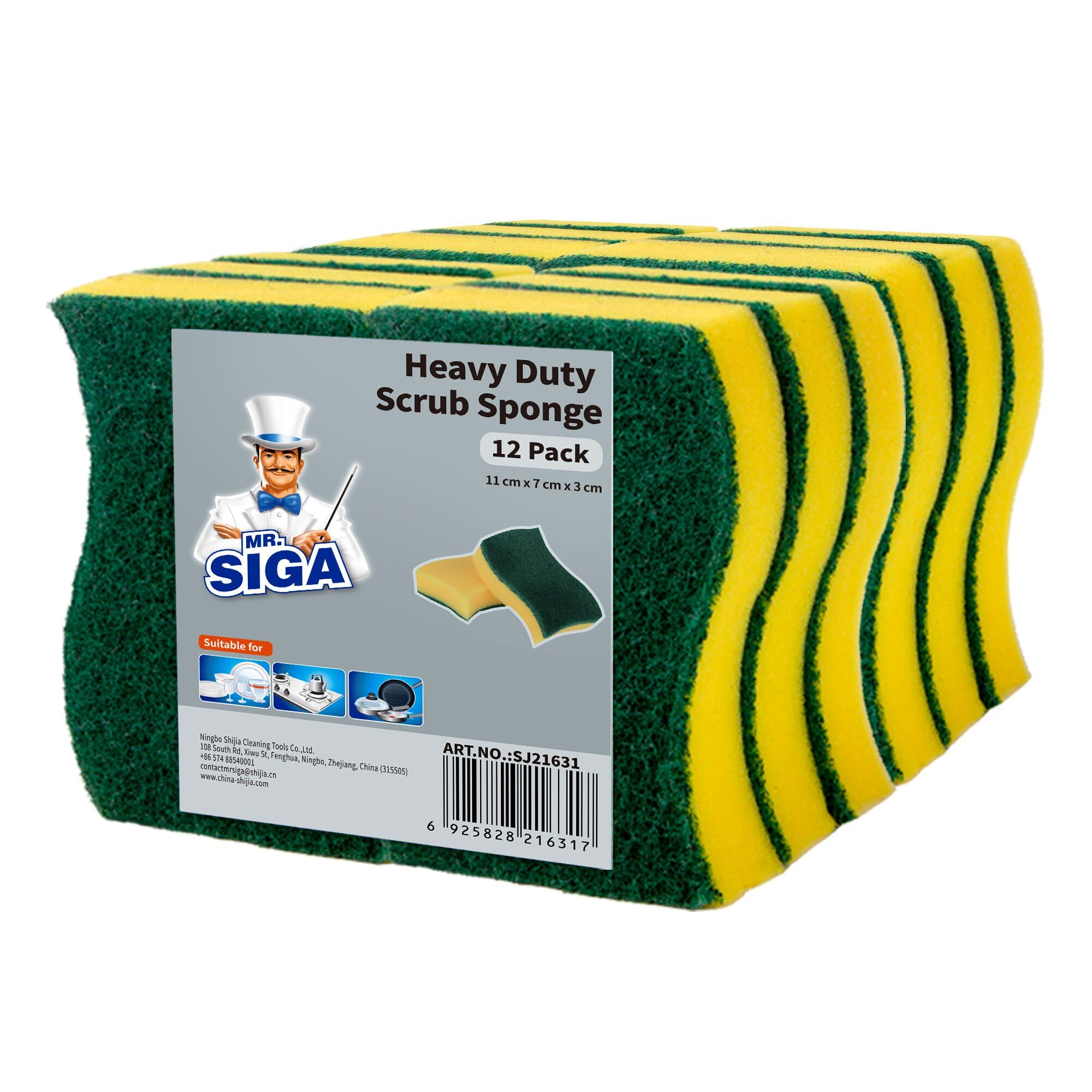 MR.SIGA Heavy Duty Scrub Sponge, Pack of 12, Size:11 x 7 x 3 cm, 4.3" x 2.8" x 1.2"
