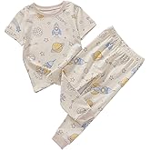 Ukyzddio Little Boys Cotton Pajamas Sets Short Sleeve Top with Long John Snug Fit 2 Piece Sleepwear