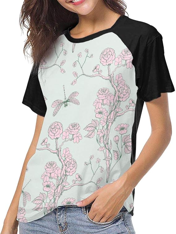 Amazon Co Jp シノワズリ牡丹トンボの青い花 Pink Tシャツ レディース 半袖 プリント おしゃれ 通勤 通学 運動 日常用 服 ファッション小物