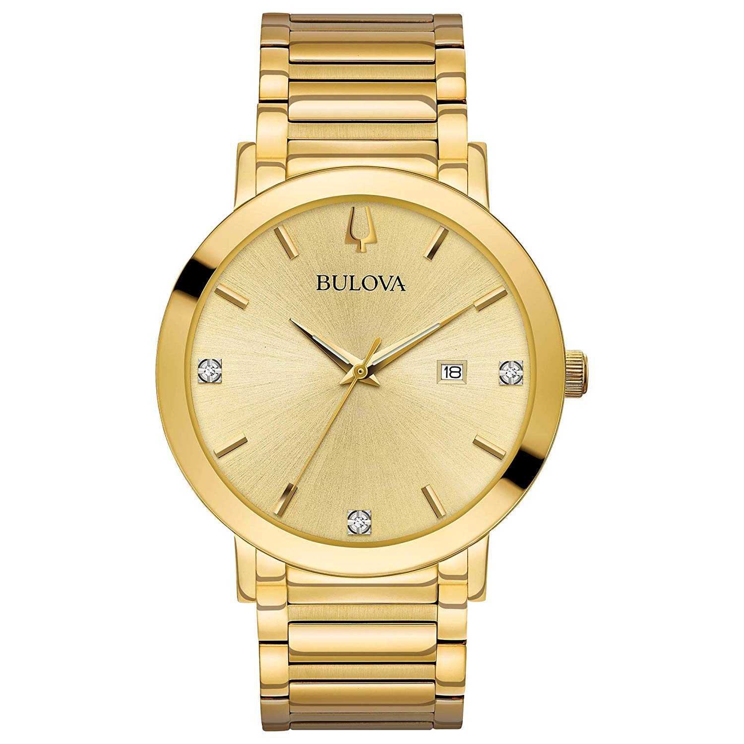 Bulova Reloj moderno de cuarzo con fecha y calendario de 3 manecillas de acero inoxidable en tono dorado para hombre, esfera negra con diamantes Estilo: 97D115