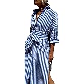 utcoco Womens 2026 Shirt Dress Casual Lapel 3/4 Sleeve Button Down Split Belted Vacation Maxi Dress