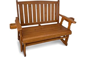 Fortune Candy Wooden Patio Glider, with Cup Holders, High Back and Deep Contoured Seat, Solid Fir Wood, Heavy Duty 800 LBS (Teak Tone, 2-Seater)