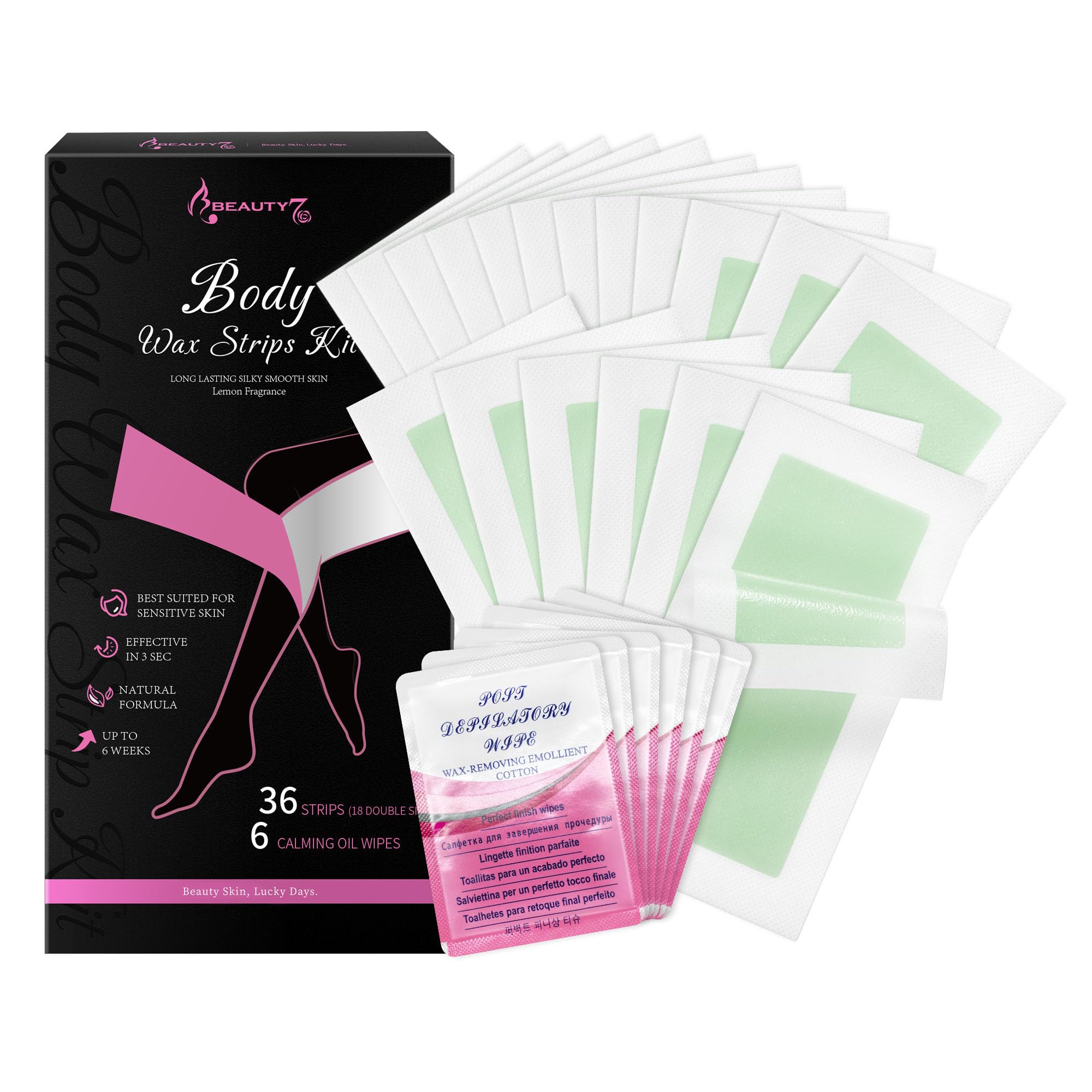 Beauty7 Cold Body Wax Strips 36pcs Gentle Hair Removal for Body Legs Underarm Sensitive Skin, Wax Strips with 6pcs Cleaner Oil Wipes