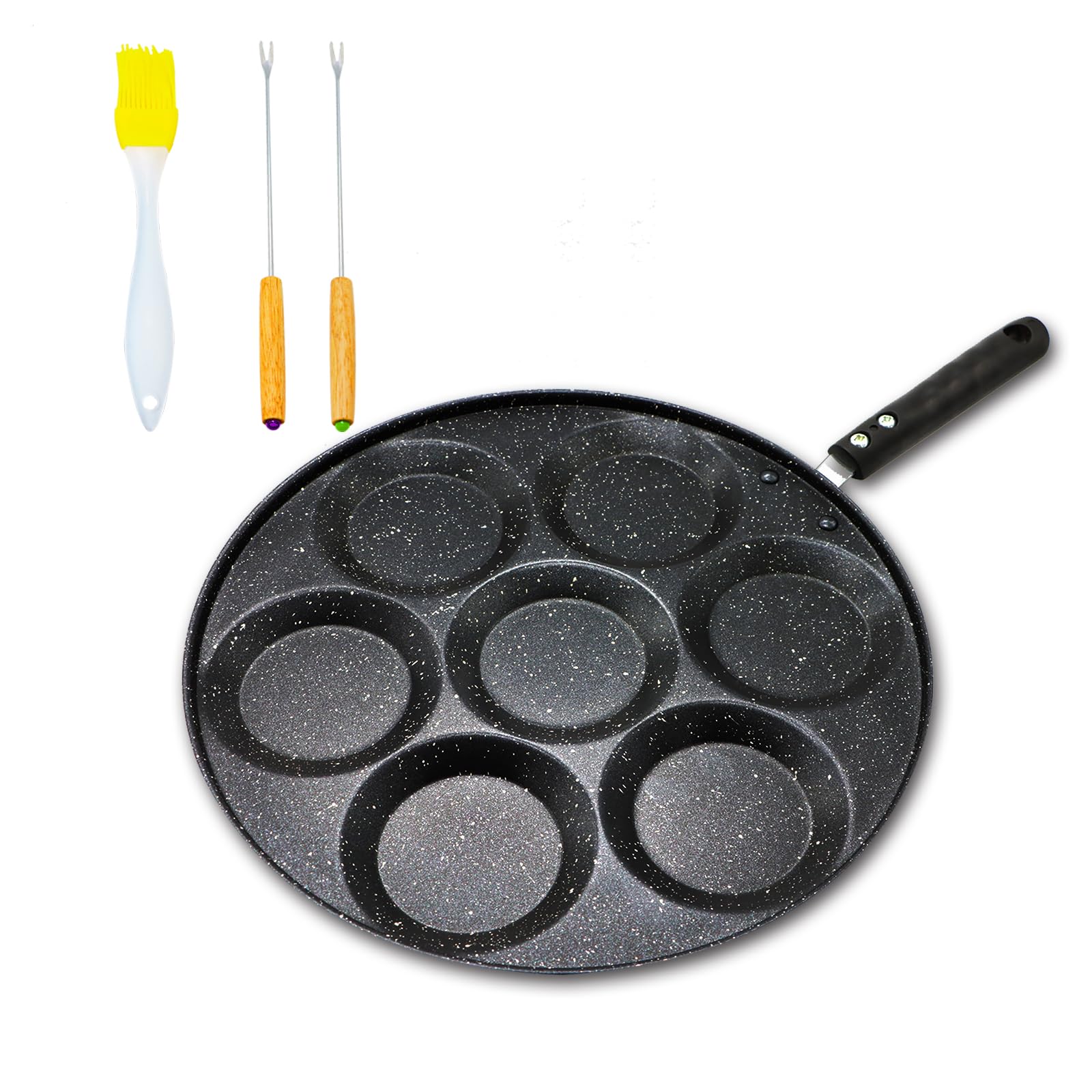 ICEBLUEOR 7 Holes Pancake Pan, Non Stick Pancake Maker Egg Frying Pan,Pancake Mould with Turn Sticks and Brush, Induction Baking Tray for Pancake, Crepe, Egg