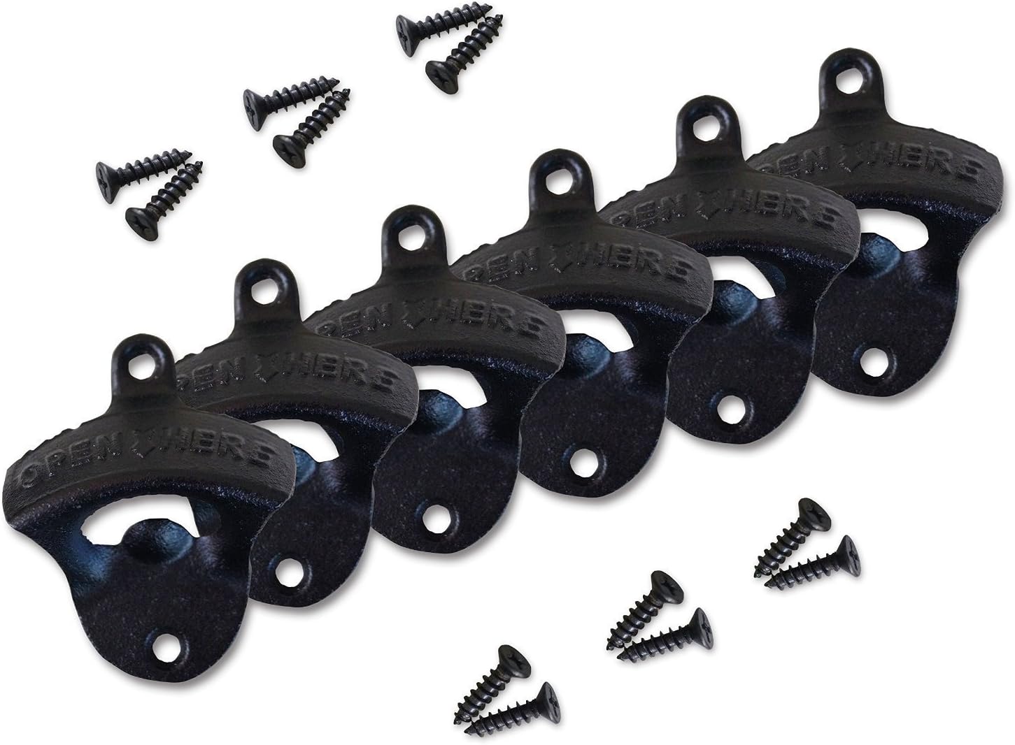 Bottle Openers Cast Iron Wall Mount With Screws Black, Open Here Classic Mounted Vintage Style Home Bartender Restaurant Decor, Set Of 6