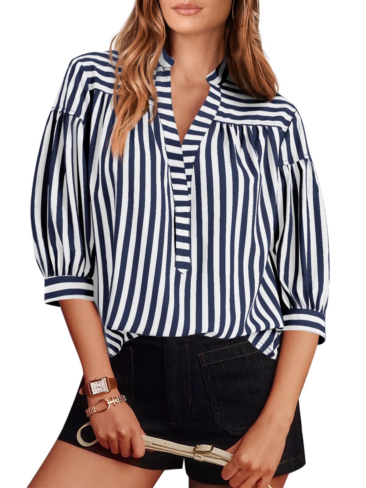 Navy White Stripe 3/4 Roll Tab Sleeve Mandarin Collar Blouse - Petite